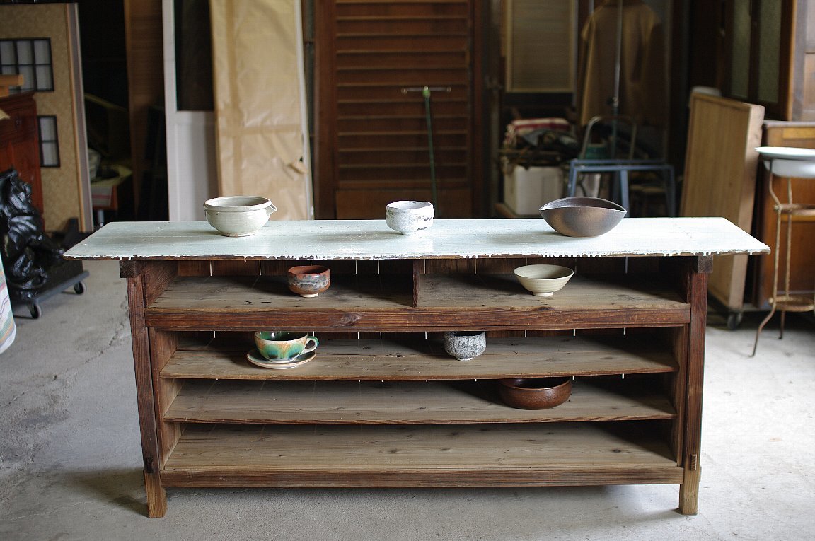 古い木のテーブル台/作業/陳列棚/長机▽カフェアンティーク器陳列什器