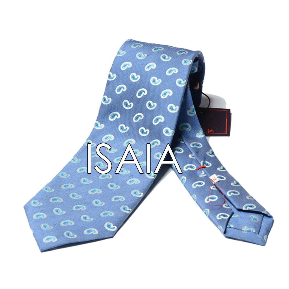 新品 2.4万 ISAIA ネクタイ ハンドメイド HANDMADE ペイズリー メンズ セッテピエゲ シルク リネン ブルー イタリア製 イザイア 298943