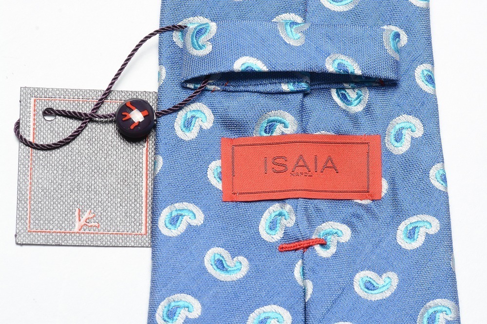 新品 2.4万 ISAIA ネクタイ ハンドメイド HANDMADE ペイズリー メンズ セッテピエゲ シルク リネン ブルー イタリア製 イザイア 298943