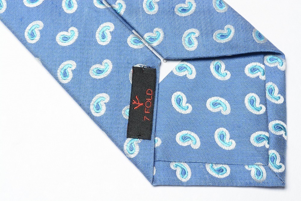 新品 2.4万 ISAIA ネクタイ ハンドメイド HANDMADE ペイズリー メンズ セッテピエゲ シルク リネン ブルー イタリア製 イザイア 298943