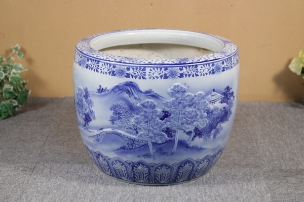大型 火鉢 染付 山水図 骨董 メダカ鉢 たちばな焼 陶器 鉢カバー