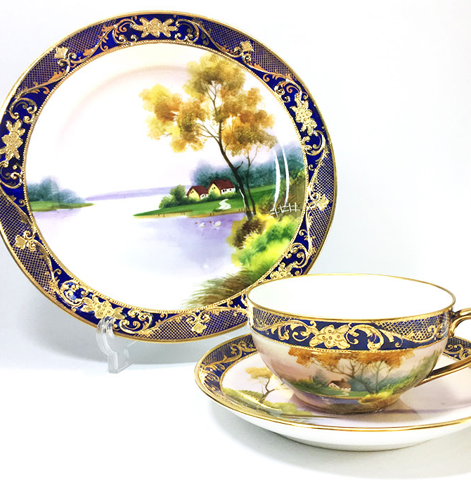 オールドノリタケ 金彩盛り上げ 白鳥と風景絵カップ&ソーサー 金盛