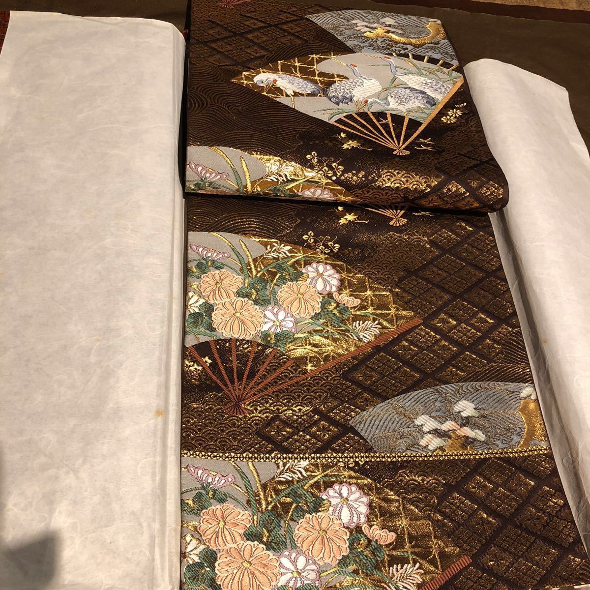 美術コレクト袋帯 琳派扇面淋鶴文 全面純金箔24K使用 中古品 箱付き