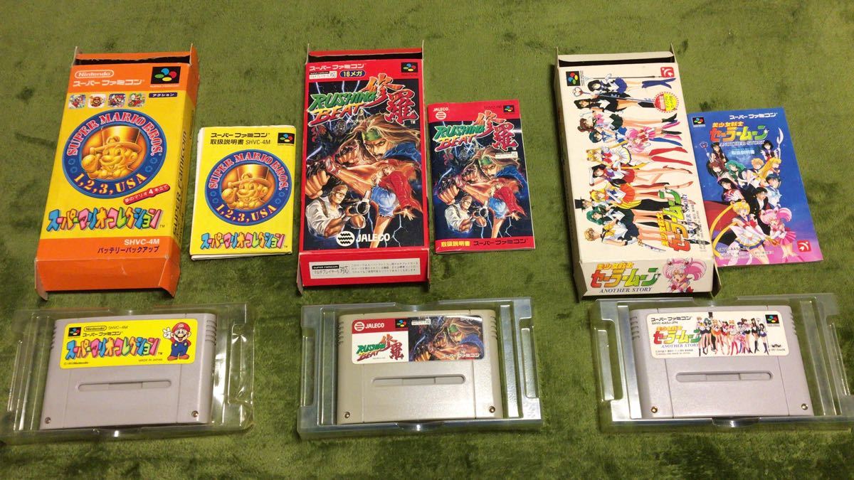 SFC スーパーファミコンソフト 箱、説明書付き 12本／ラッシングビート修羅、セーラームーン、スーパーマリオ、他