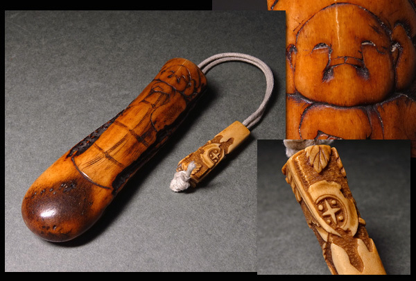 慶應◇時代秀逸提物 鹿角彫大黒天図差根付 鹿角彫緒締