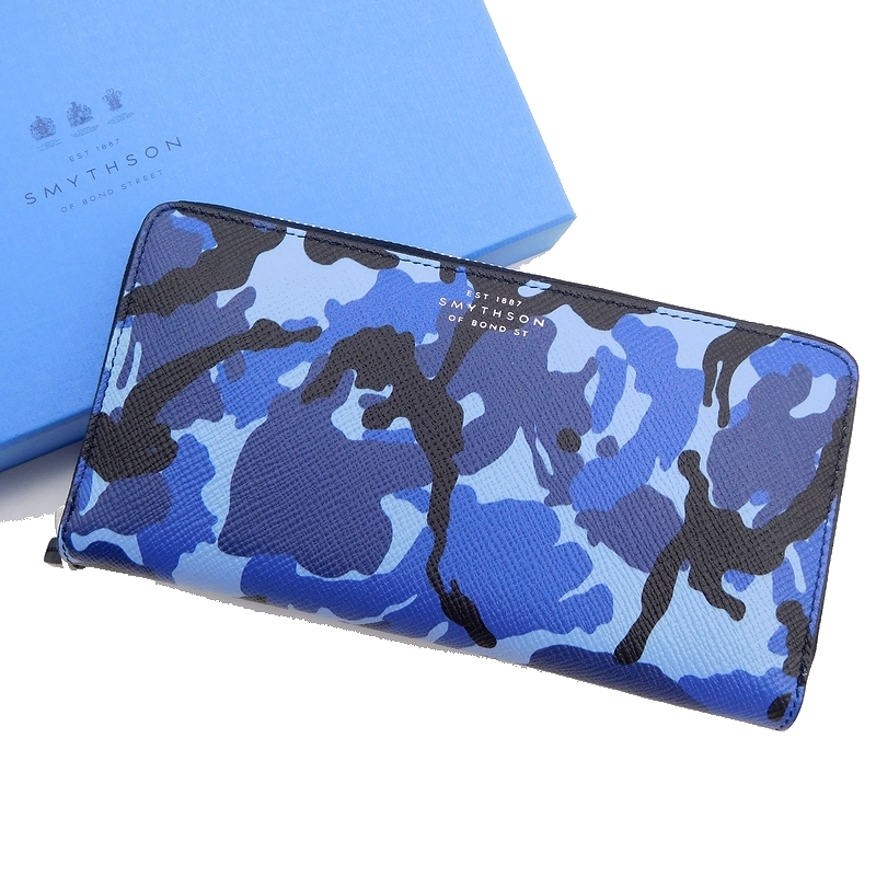 W0118 定6.4万 三越伊勢丹取扱 PANAMA カーフレザー 迷彩柄 伊製 SMYTHSON スマイソン 牛革 レザー ラウンドジップ ウォレット ...