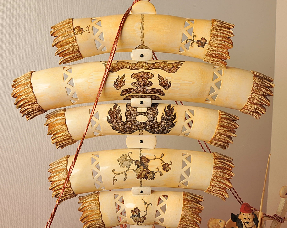 ◇清水信生 造 本象牙製 【七福神 宝船 】特大 高さ127cm◇枝珊瑚