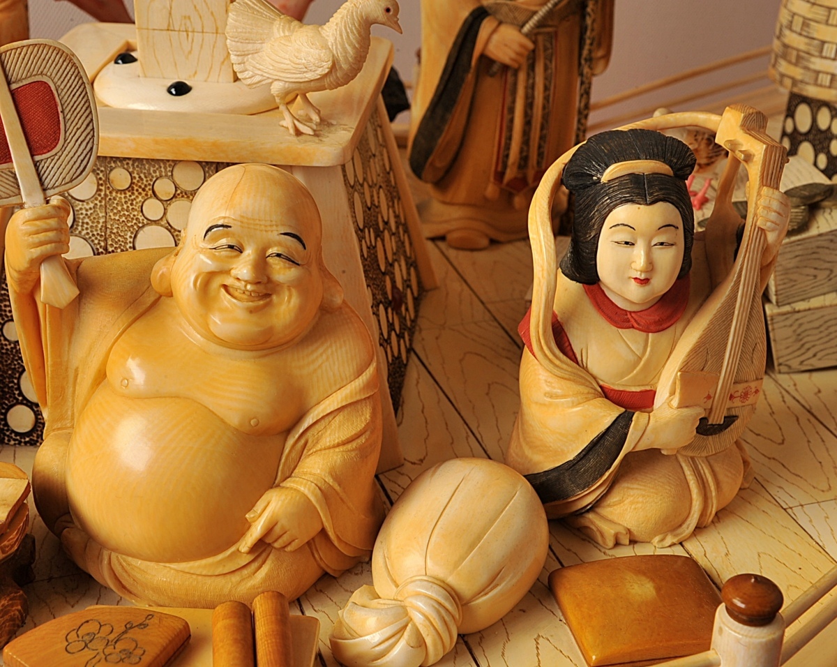 ◇清水信生 造 本象牙製 【七福神 宝船 】特大 高さ127cm◇枝珊瑚