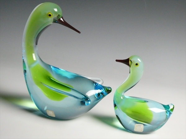 fk651 マルティグラス 工芸ガラス 水鳥 親子 フィギュリン 飾物 置物 2体セット