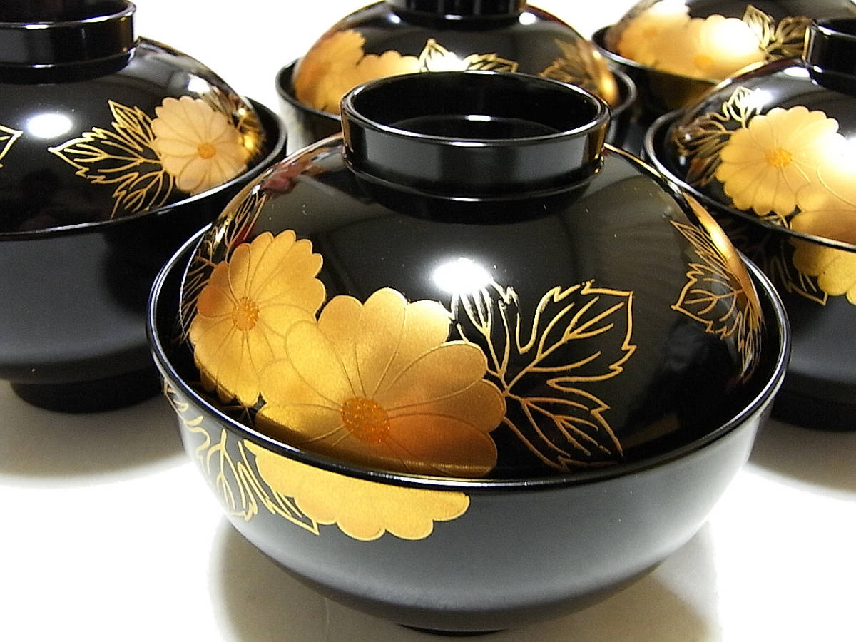 アンティーク品 漆器椀 時代物 京塗り7客セット 金色の菊花7種類の模様