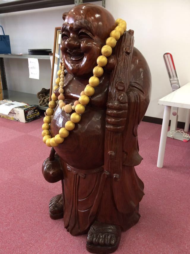 大型木彫りの布袋様【約90cm/約44kg】彫刻 縁起物 招福 美術商 木製