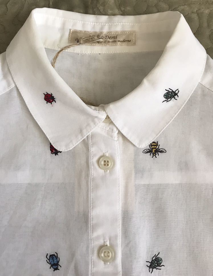 未使用 アンドゥミ 刺繍 ブラウス 丸襟 白 虫 蜂 てんとう虫 綿 長袖 1 