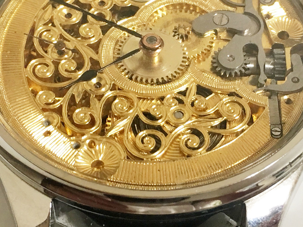 下取＆値引き交渉ok 1905年 前後 オメガ 懐中時計 ムーブメント使用カスタム腕時計 フルスケルトン葡萄フルエングレービング アンティーク 下取＆値引き交渉ok 1905年 前後 オメガ 懐中時計 ムーブメント使用