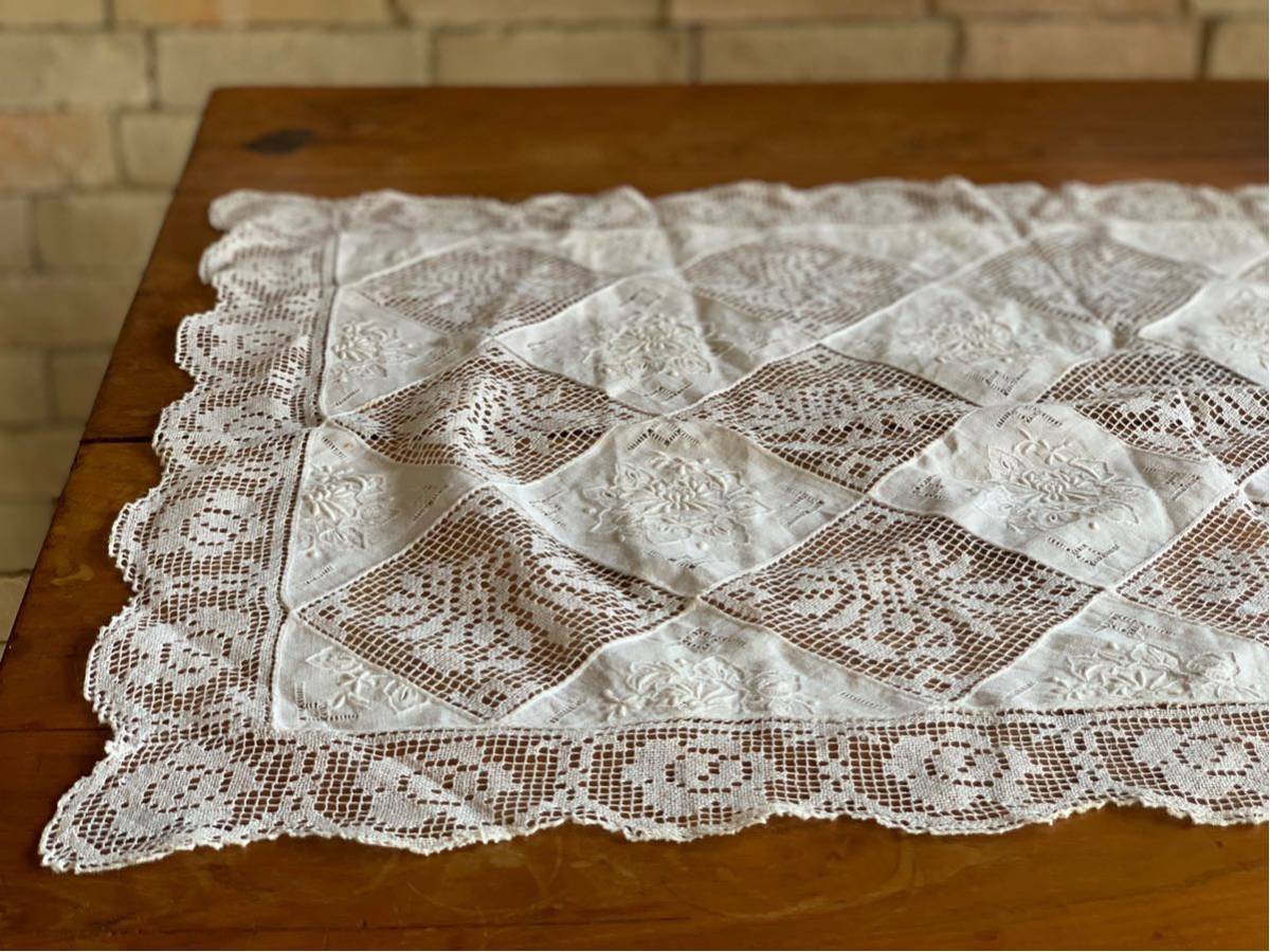 4/5まで特別価格★フランスアンティーク刺繍★エンブロイダリレース★クッション フランスアンティーク○フィレレース○刺繍○テーブルクロス○ホワイト