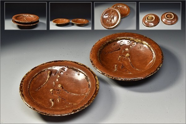 濱田庄司作 黒釉柿釉指描四方反上皿 人間国宝 文化勲章受章 濱田庄司作