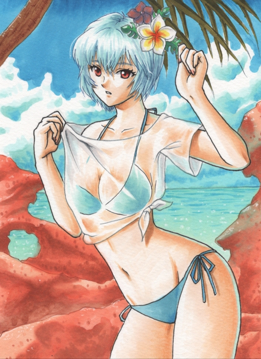 エヴァンゲリオン エヴァ 綾波レイ 水着 手描きイラスト (手描き