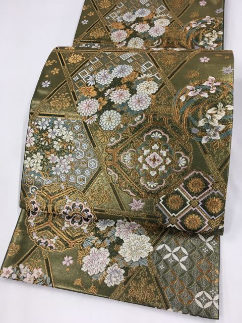 バイセル 着物 美品 名品 袋帯 深緑 雪輪 草花 華文 有職文様 金糸 箔 
