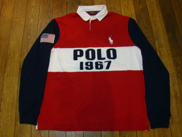 美品 POLO RALPH LAUREN 1967 ラガーシャツ L レッド ネイビー ホワイト ポロ ラルフローレン 長袖 ポロシャツ ラグビーシャツ ロゴ 星条旗