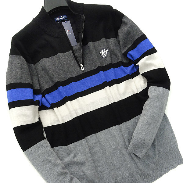 新品 定価2.7万 23区ゴルフ 撥水 マルチボーダー ウール ニット 3L 黒