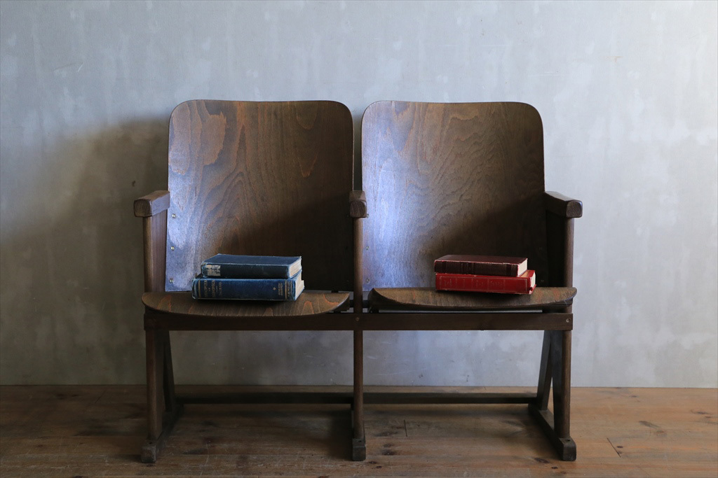フランスアンティーク◇古木の折畳式2連シネマベンチ⁄長イス