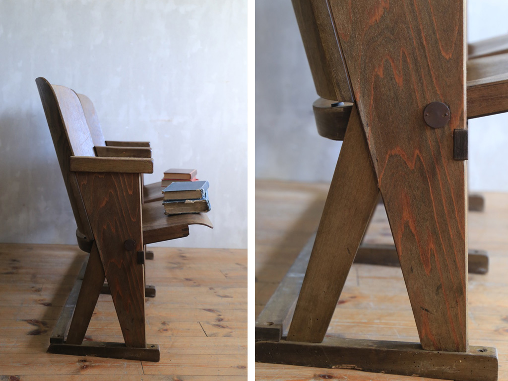 フランスアンティーク◇古木の折畳式2連シネマベンチ⁄長イス