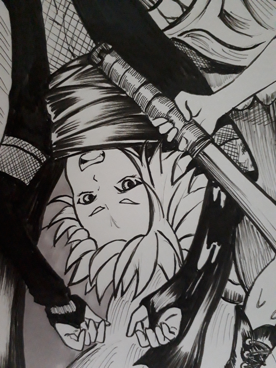 手描きイラスト オリジナル サイズ モノクロ ペン画 剣士と忍者と化け物と 手描きイラスト 売買されたオークション情報 Yahooの商品情報をアーカイブ公開 オークファン Aucfan Com