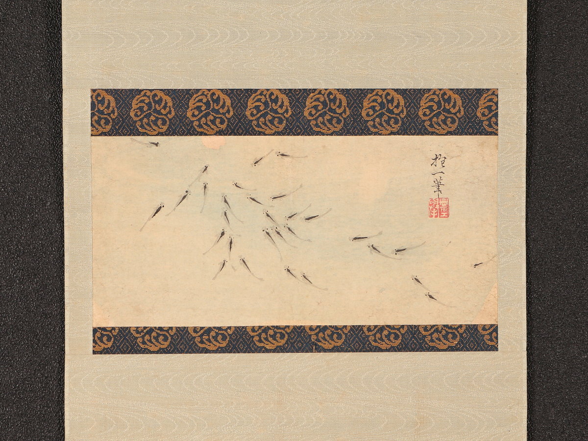 版画】【伝来】M8482〈酒井抱一〉桜の花びらに群がる魚図 小幅 木版