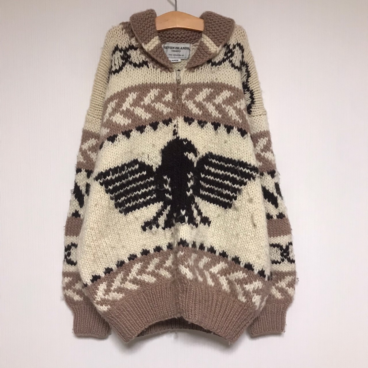 古着 SEVEN ISLANDS カウチンニット カーディガン 編込 ウール 鳥 