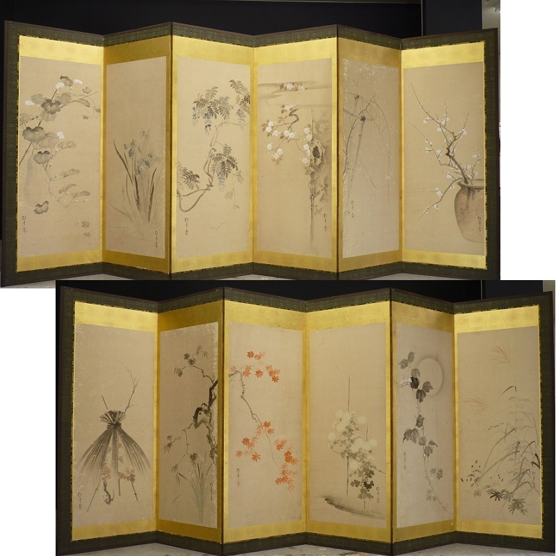 都屋】3 酒井抱一 筆 四季花卉図 屏風 六曲一双 紙本肉筆 琳派 花鳥図