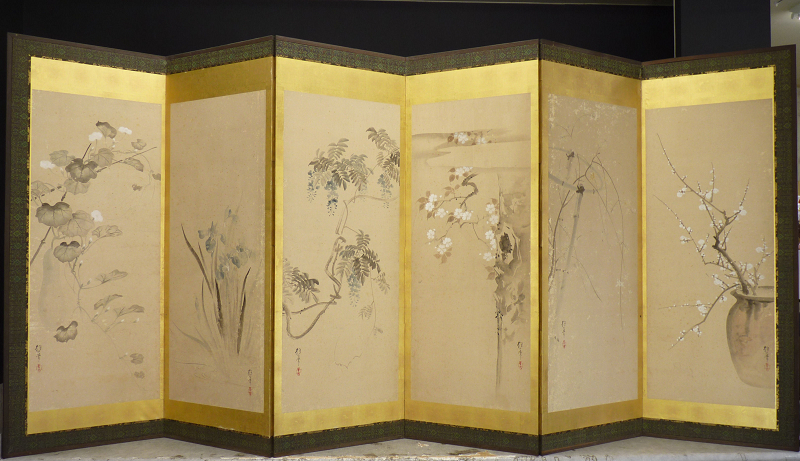 都屋】3 酒井抱一 筆 四季花卉図 屏風 六曲一双 紙本肉筆 琳派 花鳥図