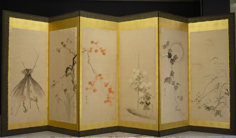 都屋】3 酒井抱一 筆 四季花卉図 屏風 六曲一双 紙本肉筆 琳派 花鳥図