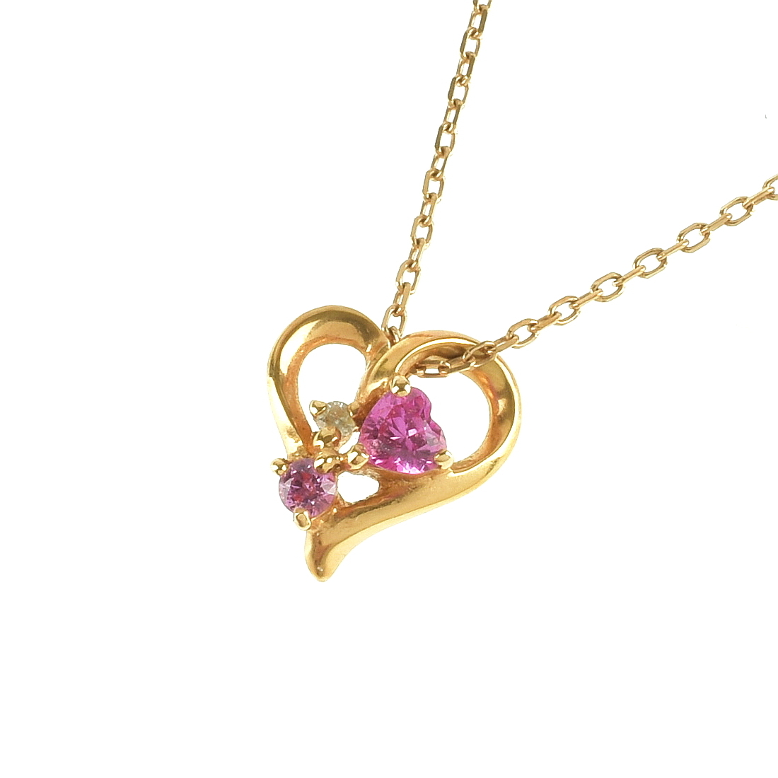 ☆1円スタート☆ 4℃ ペンダント K18PG 1Pダイヤ 色石 ハートモチーフ