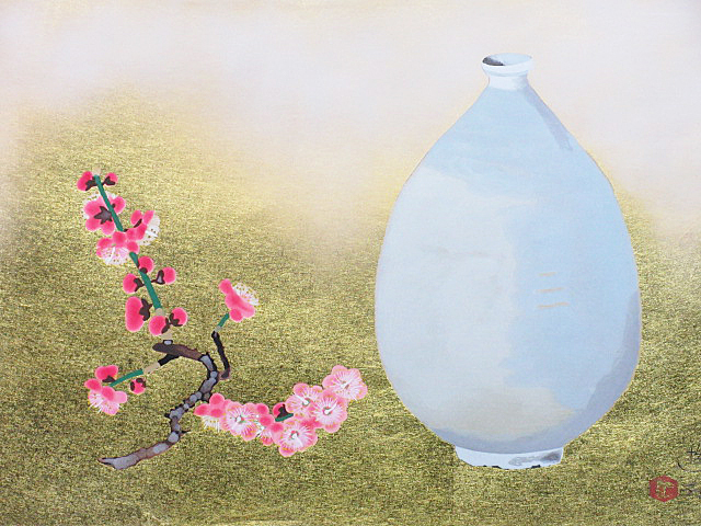 □小倉遊亀 【李朝壺紅梅】 木版画 刷込みサイン エディション有り