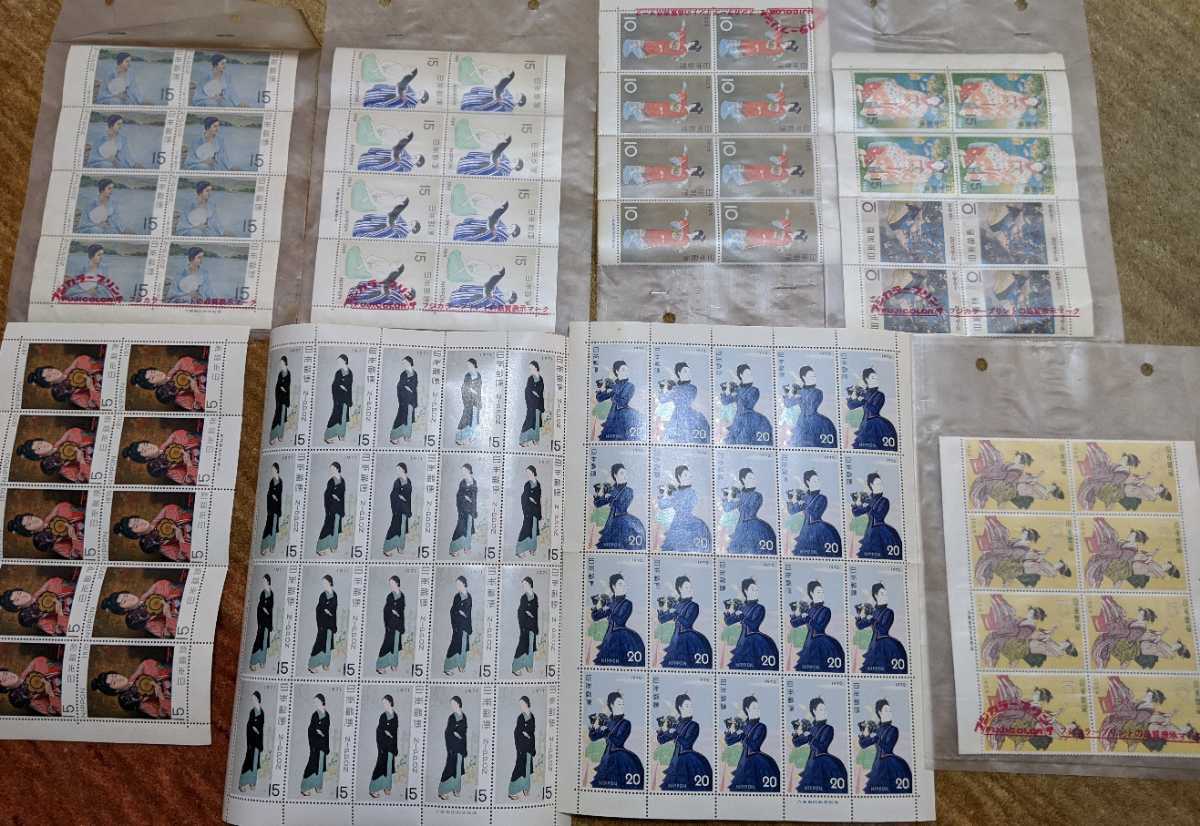 古い切手 1960年代～ 額面10,615円 湖畔 髪 序の舞 婦人像 明石町 気球揚がる 舞妓林泉 蝶 源氏 黒船屋 釣便利 松に草花図 機織図 東京五輪_1