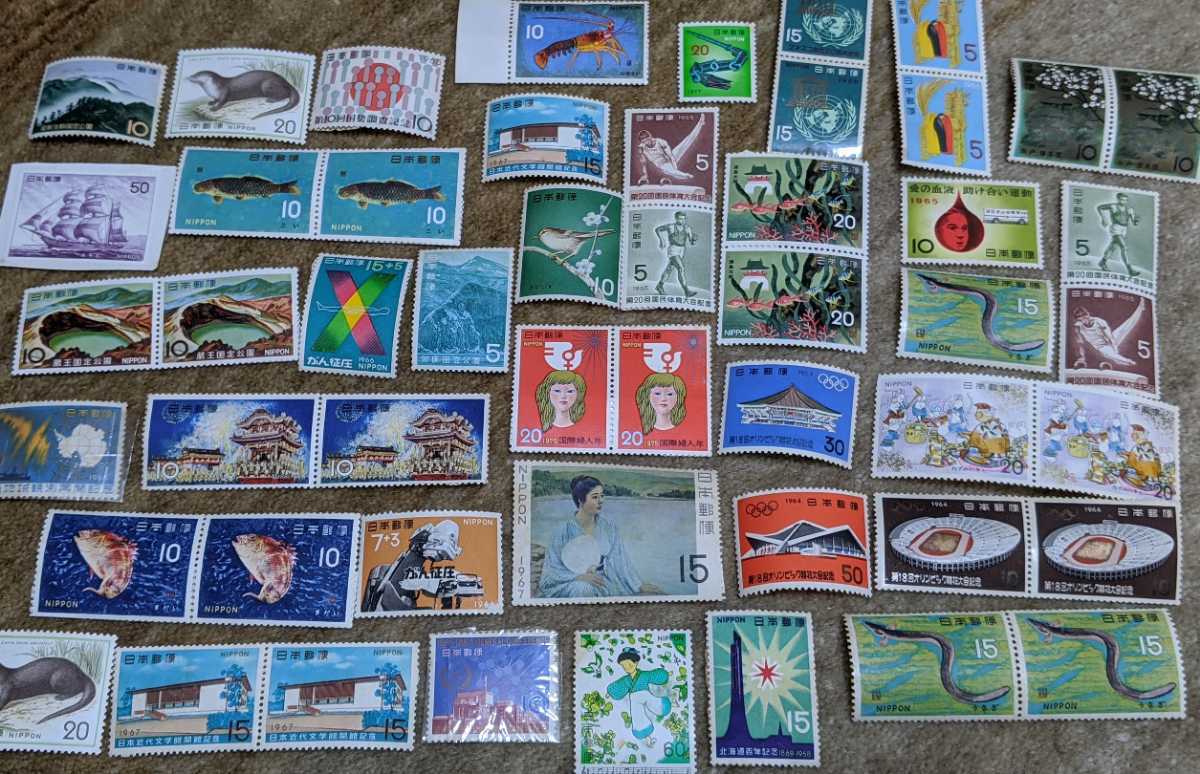 古い切手 1960年代～ 額面10,615円 湖畔 髪 序の舞 婦人像 明石町 気球揚がる 舞妓林泉 蝶 源氏 黒船屋 釣便利 松に草花図 機織図 東京五輪_5