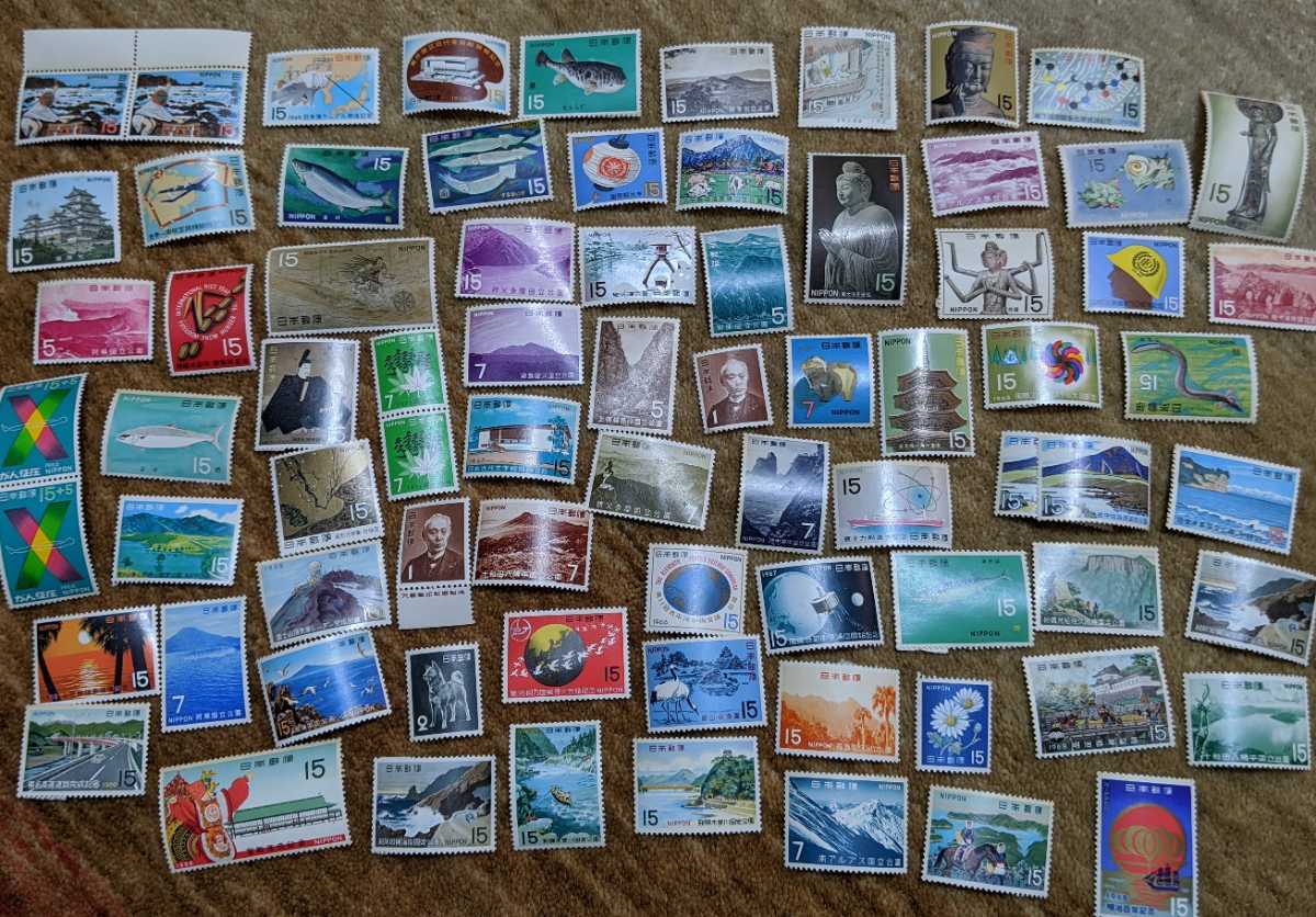古い切手 1960年代～ 額面10,615円 湖畔 髪 序の舞 婦人像 明石町 気球揚がる 舞妓林泉 蝶 源氏 黒船屋 釣便利 松に草花図 機織図 東京五輪_7