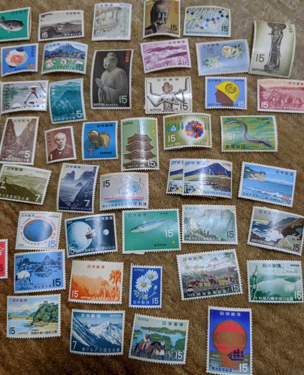 古い切手 1960年代～ 額面10,615円 湖畔 髪 序の舞 婦人像 明石町 気球揚がる 舞妓林泉 蝶 源氏 黒船屋 釣便利 松に草花図 機織図 東京五輪_8