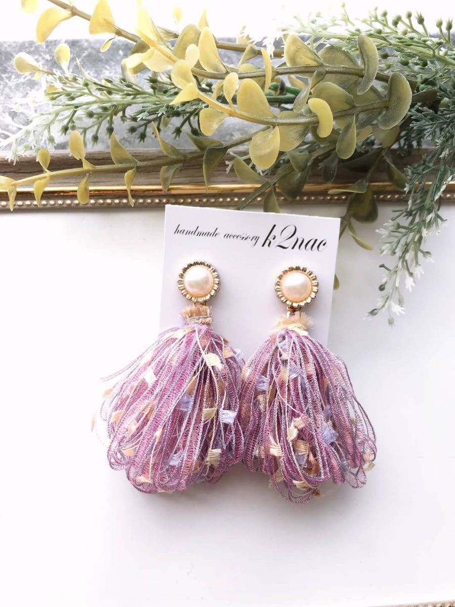 パールカボションｘパープルテープタッセルピアス_1