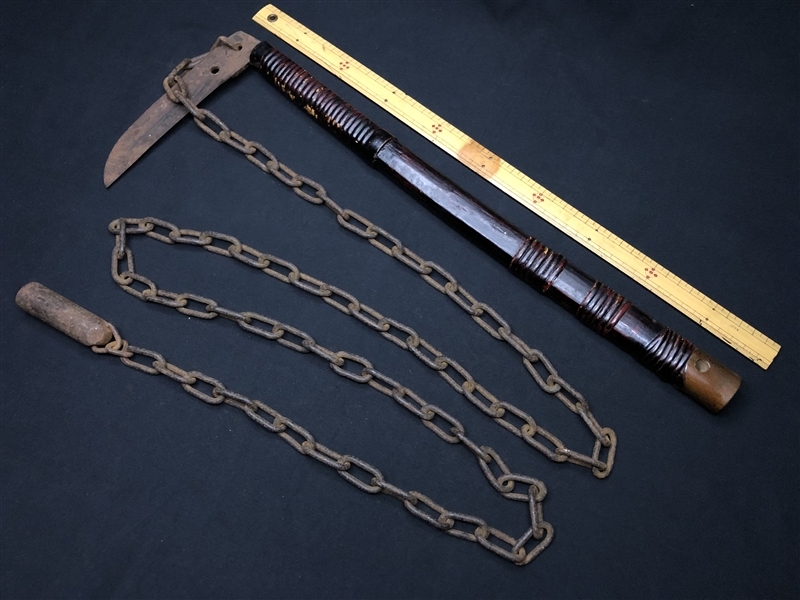 鎖鎌 時代物 鉄製 忍者武具 万力鎖 分銅鎖 くさりがま 古 忍具 -