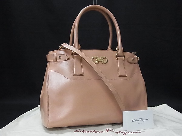 1円 ■極美品■ Salvatore Ferragamo フェラガモ ダブルガンチーニ レザー 2WAY ハンドバッグ トート ショルダーバッグ ピンク系 F1565MO