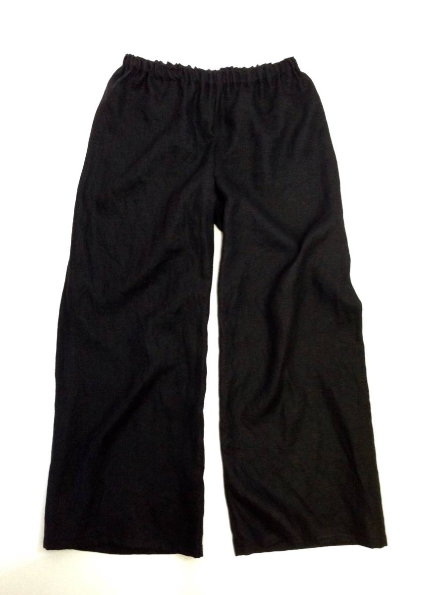 黒リネン100％ウエスト後ろゴム＆タック入りワイドパンツ ワイドパンツ