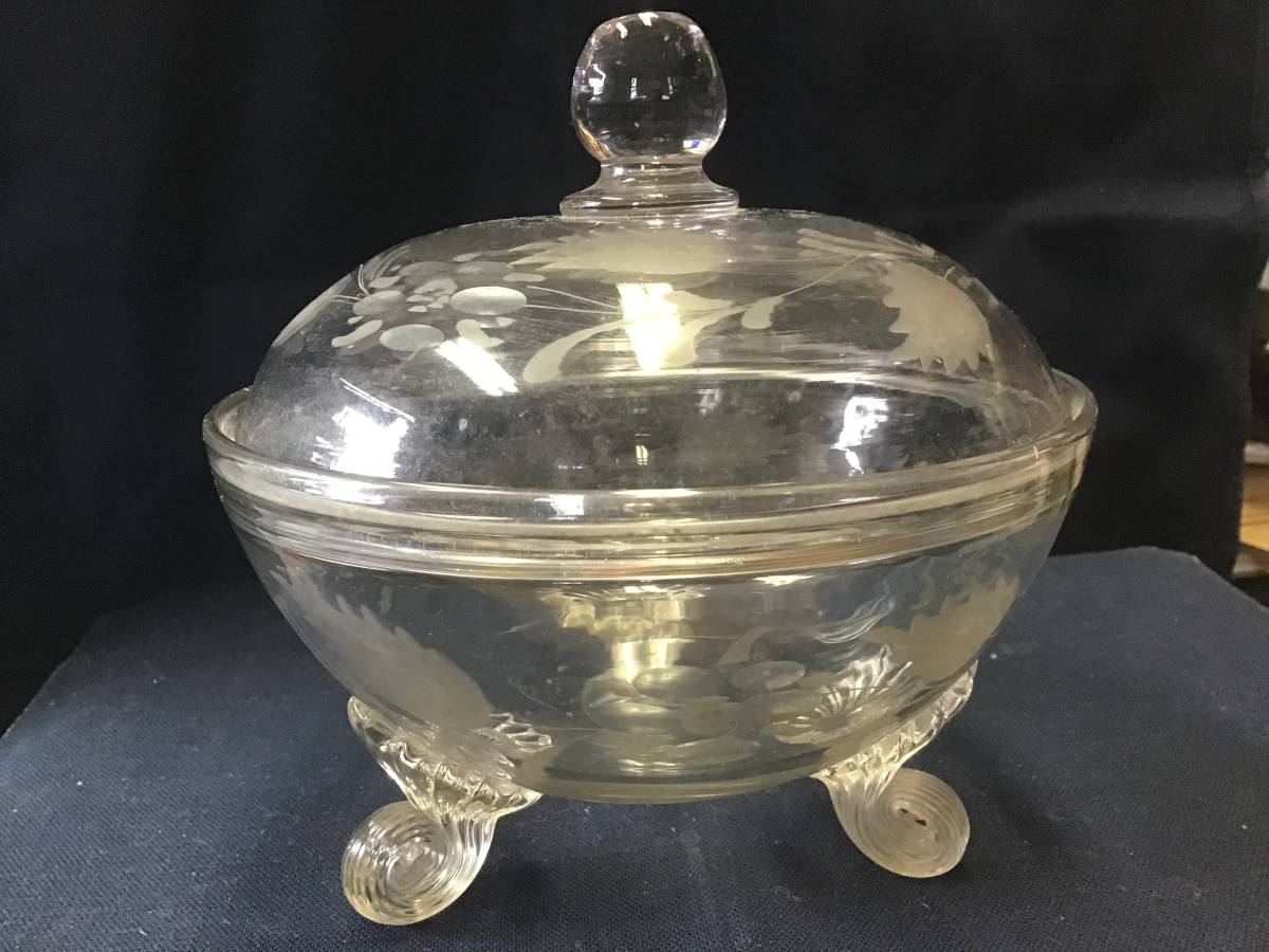 明治 グラヴュール羊歯文コップ（1868–1912CE） 廣田硝子 3個セット 