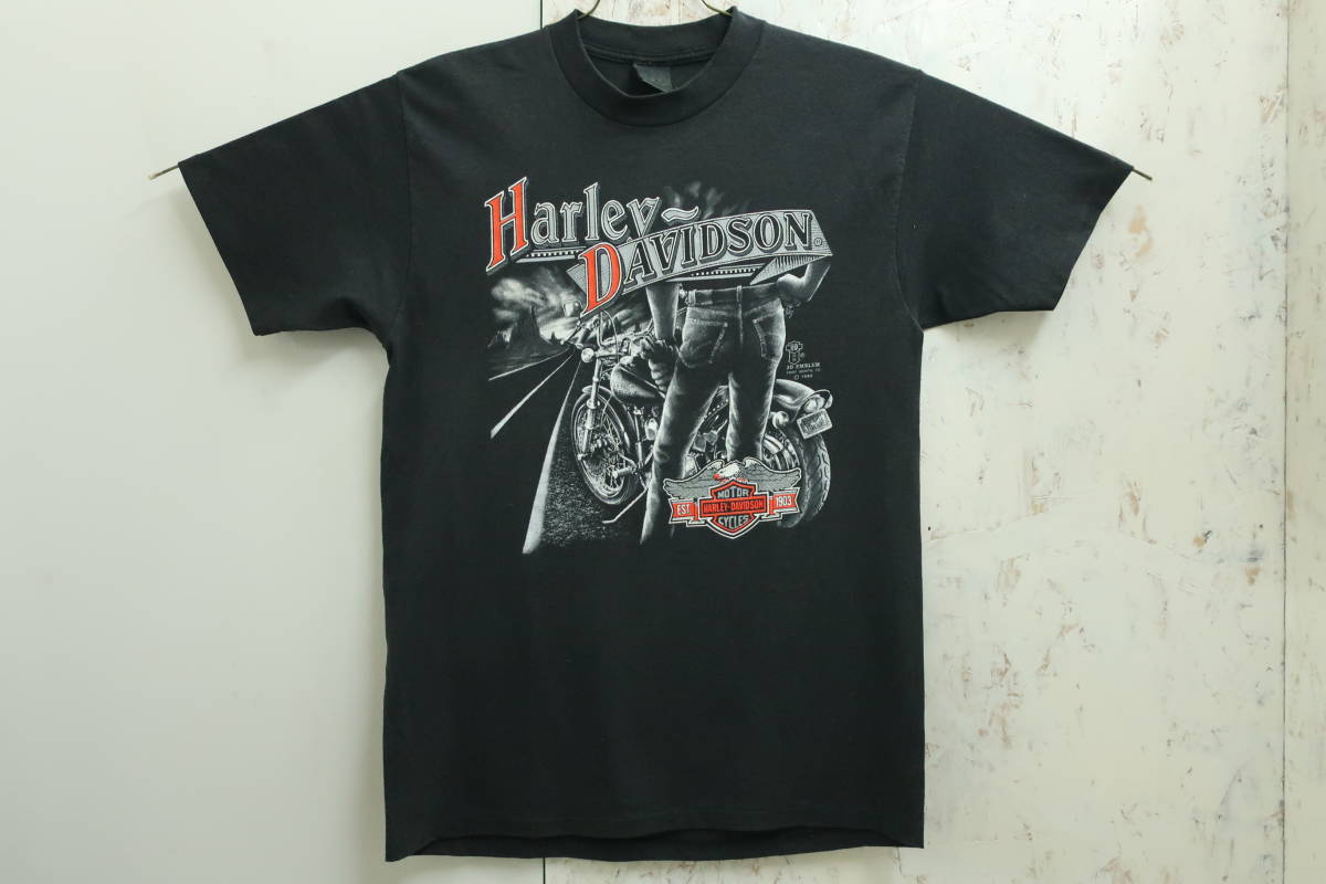 RT2■80's 3Dエンブレム ハーレーダビッドソン Tシャツ (L) 黒 // ビンテージ アメリカ製
