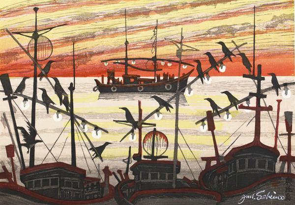 公式 本物 【真作】【WISH】関野準一郎 「奥尻島」 木版画 直筆サイン