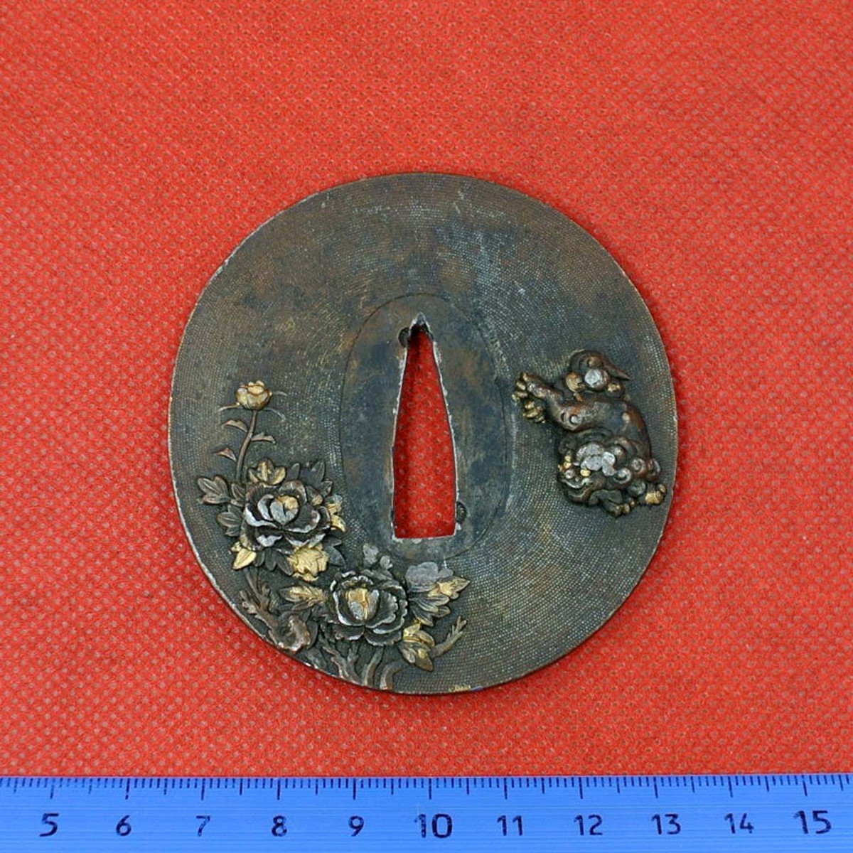 0409- 5 刀装具 刀鍔 獅子華図 象嵌 約69x72mm 165g y80-723523-33【Y