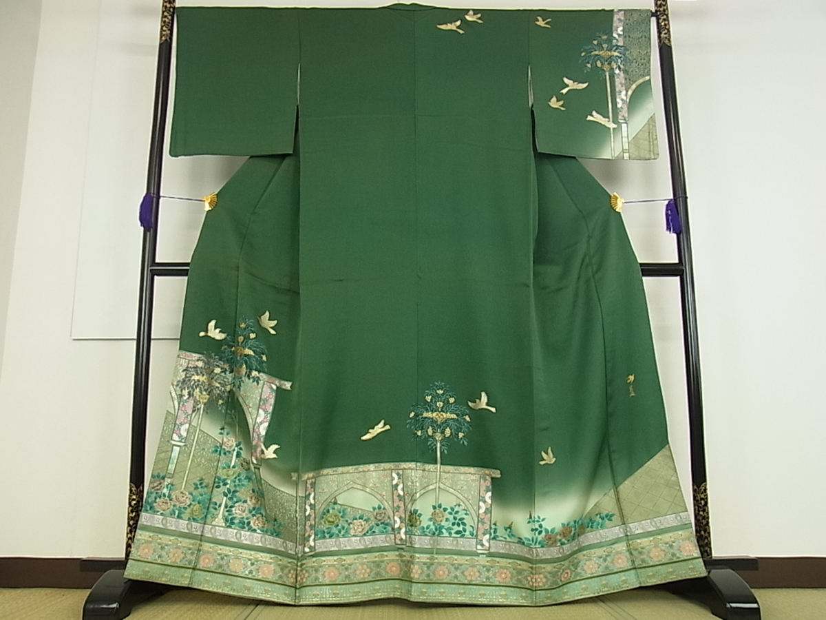 平和屋着物□上質な色無地 吉祥花唐草地紋 花葉色 正絹 逸品 AAAX1209cs