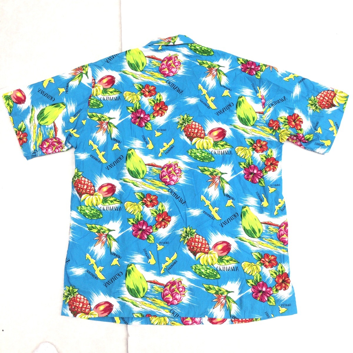 美品 琉球の里 アロハシャツ L 青系×総柄 半袖 かりゆしウェア 半袖 