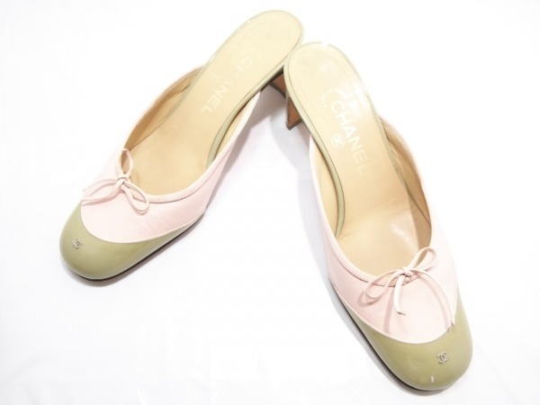 シャネル CHANEL ミュール 37 エナメル（レザー）×レザー ピンク