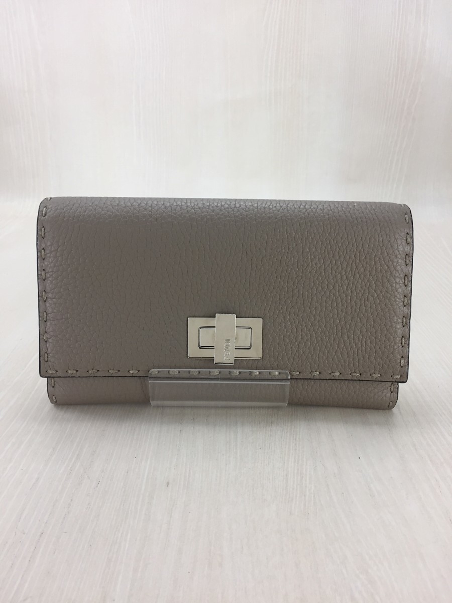 FENDI◇ピーカブー/セレリア/Wホック/長財布/レザー/BEG/グレー