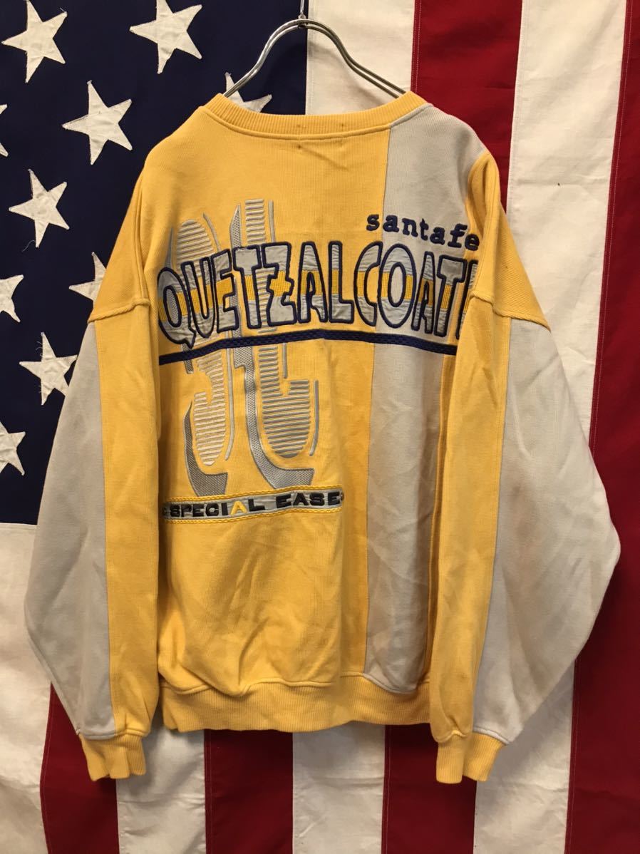 santa fe イエロー オーバーサイズ トレーナー　総刺繍　レア　サンタフェ □Santa Fe□サンタフェ□ヴィンテージ□刺繍ロゴ□スウェット